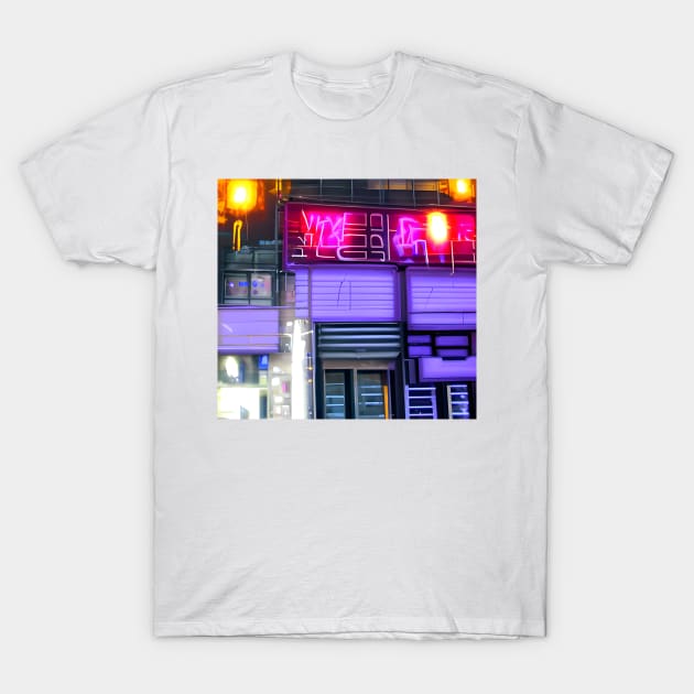 Neon Signs on a Car Garage T-Shirt by Mihadom